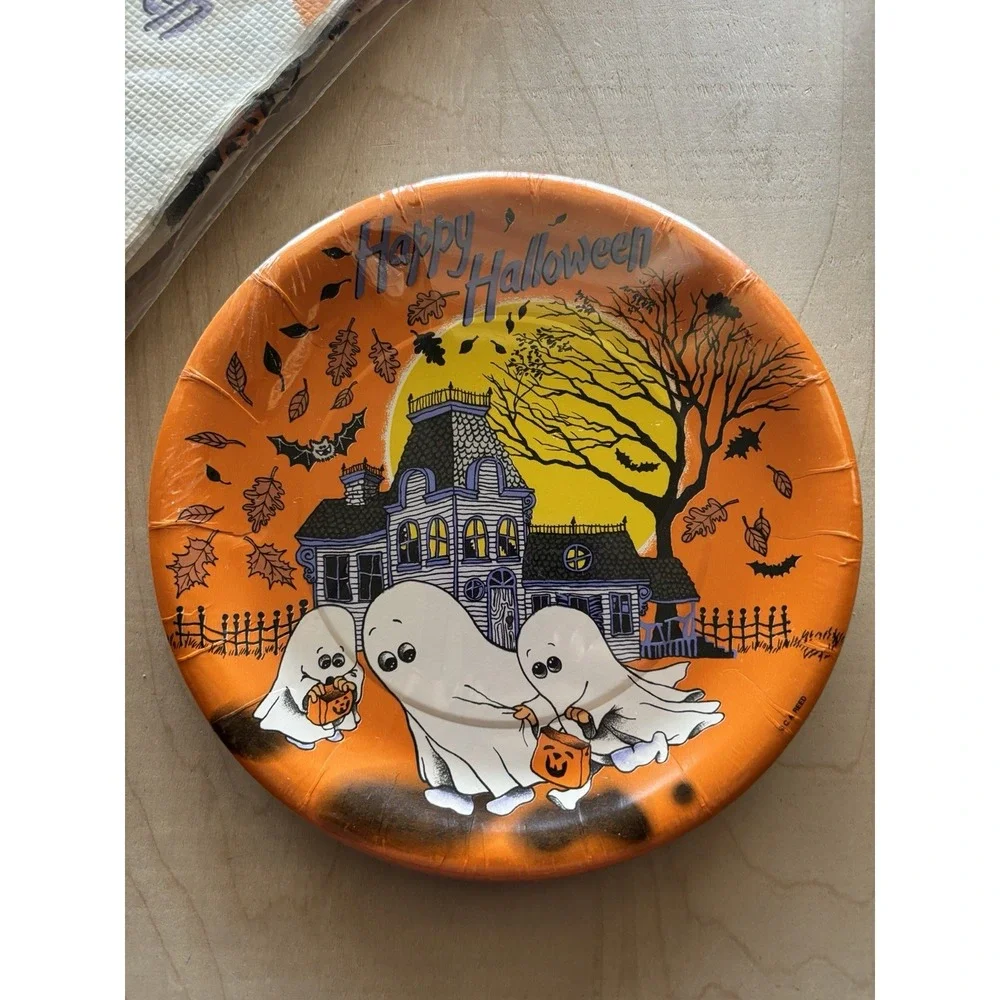 Vtg Halloween Party LOT of 5 CA Reed Haunted House Ghost Plates Tablecloth Cups